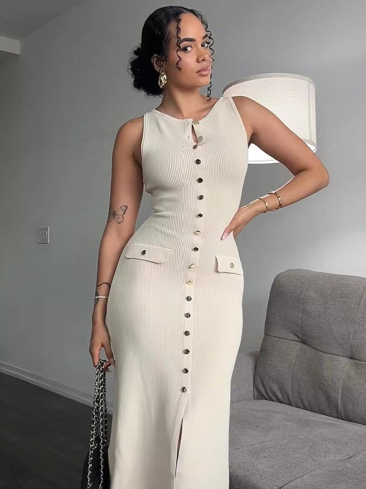 Knitted Sleeveless Long Dresses Women O Neck Single Breasted Fake Pockets Decoration Split Party Dress Autumn Beach Robe