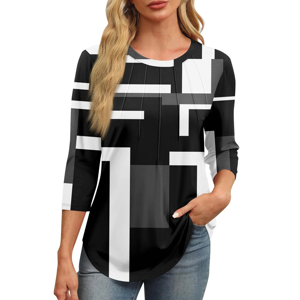 Женская модная футболка с круглым вырезом и рукавом 3/4 с принтом, повседневная, базовая, плиссированная, пуловер