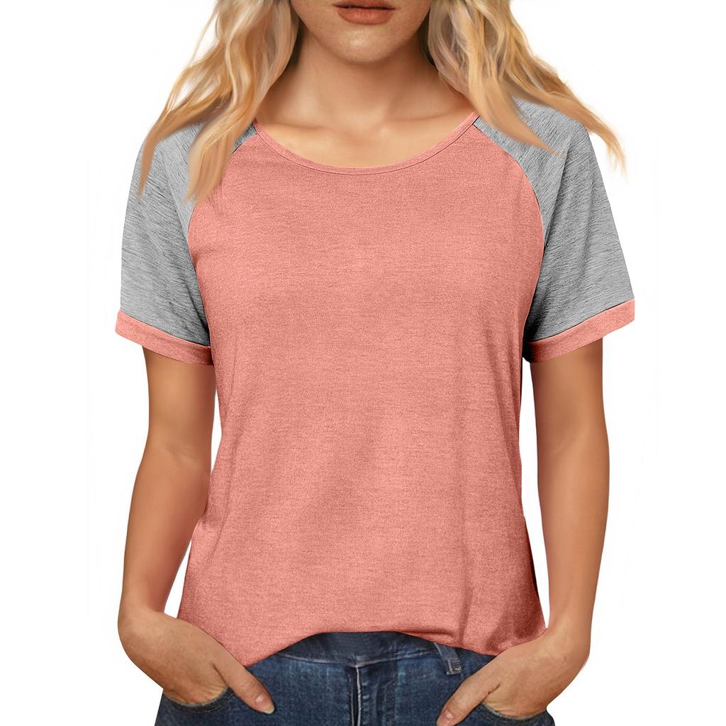 Women's Casual Loose Contrast Color Stitching Round Neck Short Sleeve Top