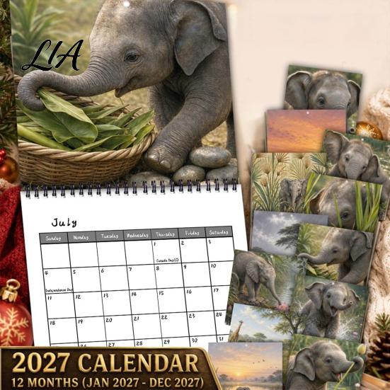 Monthly Planner with Large Grid Baby Elephant 2027 Wall Calendar, Cute Hanging Natural Personalized Appointment Wild Animal for Office, Home,