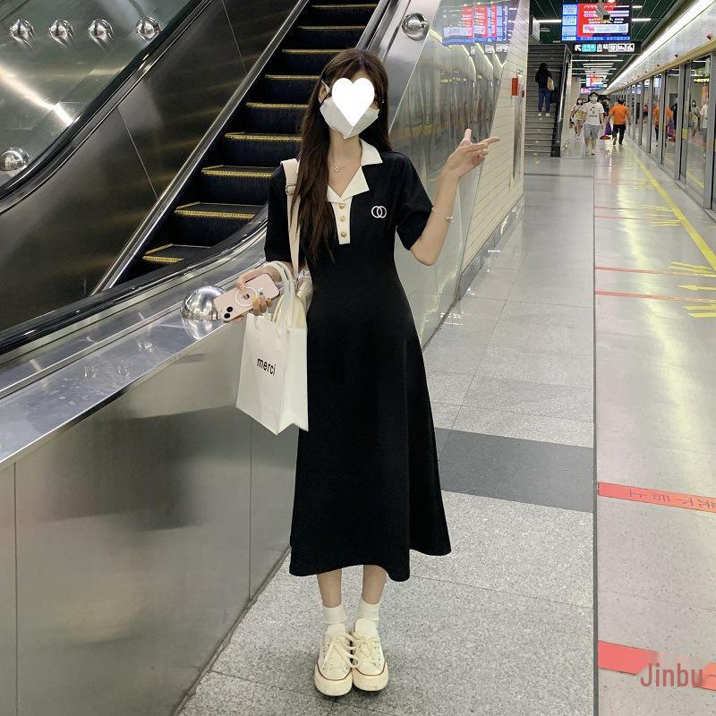 Лето 2025 женское черное платье средней длины с французским воротником-поло - Niche Design