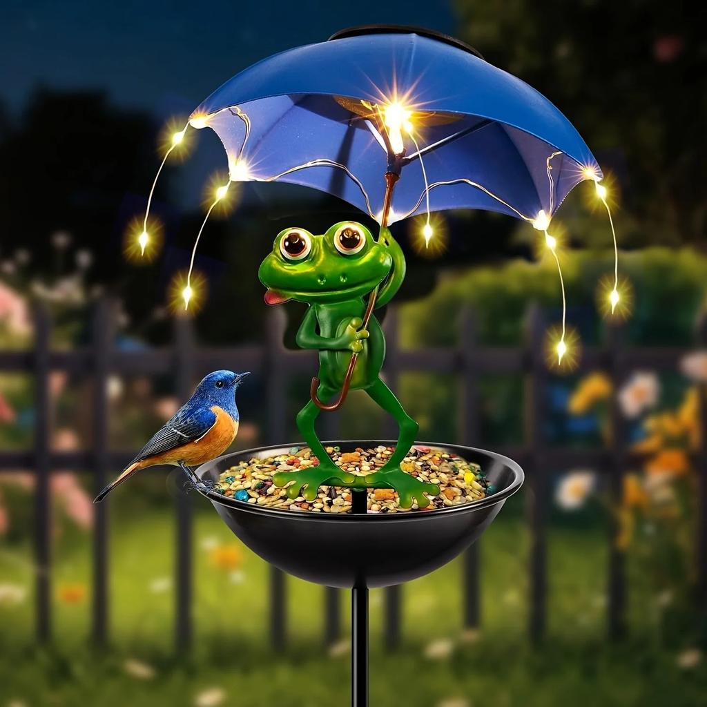 Solar LED Light Bird Feeder Outdoor Decor Lamp Frog Figurine Feeding Station Decorative Waterproof Lighting for Patio Courtyard
