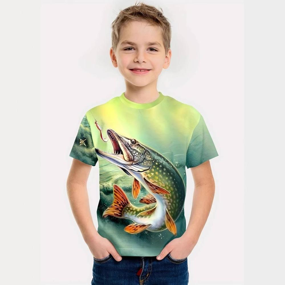 Boys' short-sleeved T-shirt with a round neck and a 3D summer fish print