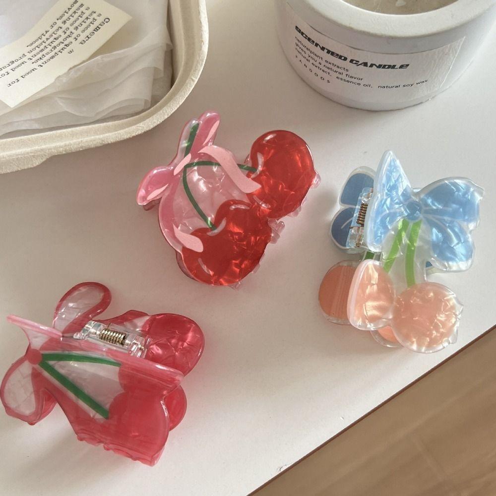 Cherry Bowknot Hair Claw Clips Glossy Finish Hair Claw Elegant Fruit Hair Clips Half up Hairstyles