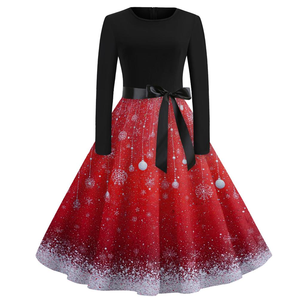 Women's Casual Fashion Long Sleeve Christmas Graphic Printed Vintage Long Dresses