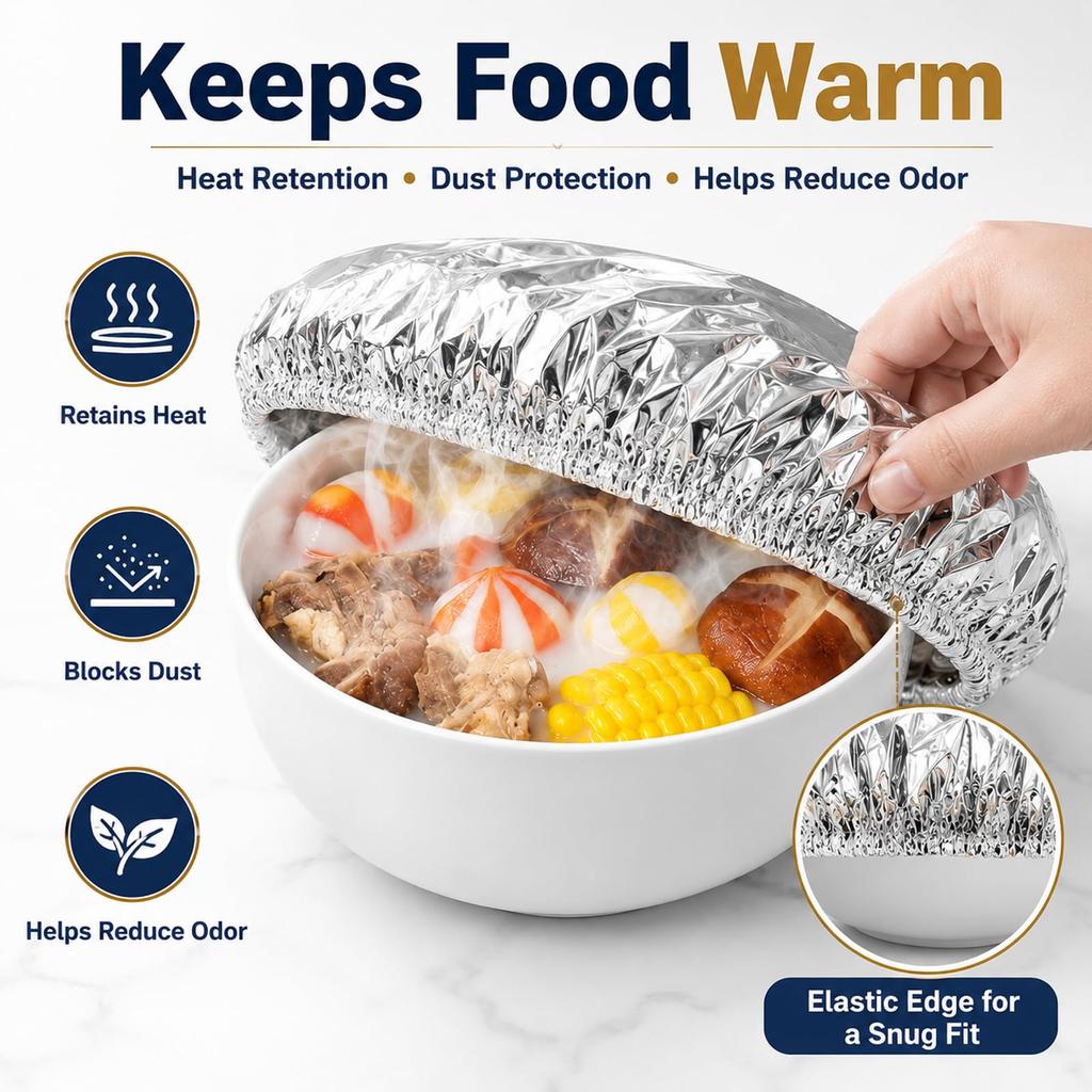 Reusable Aluminum Foil Food Covers 30 Pack - Stretchable Edges for Bowls, Plates and Food Containers, Heat Retention Temperature Range -60° to 140°