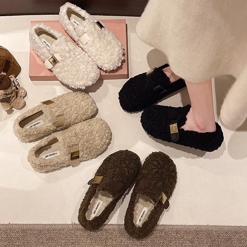Flat bottom fluffy shoes women's winter plush lazy cotton shoes warm plush beanie shoes