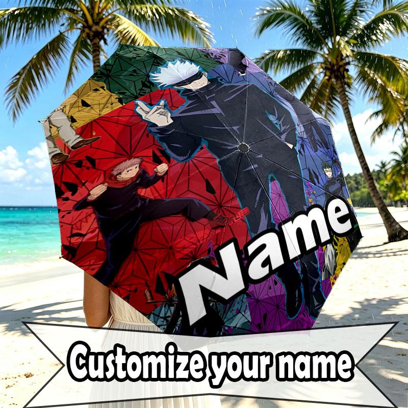 Custom Name Personalized Jujutsu Kaisen Print Umbrella, Auto Open Close, 8‑Rib Sturdy Frame, Commute Camping Hiking Use, Birthday Gift
