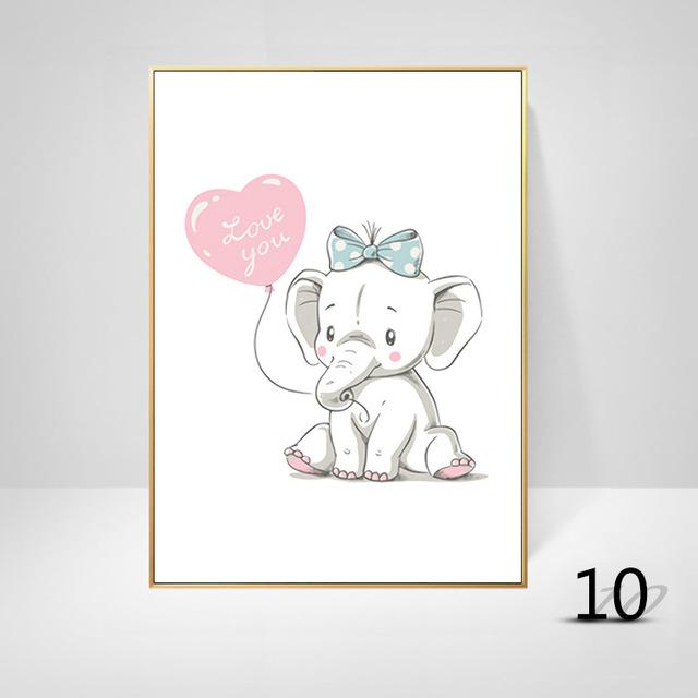 Картина на холсте с мультяшными животными, слон, кролик, воздушный шар, декоративная живопись для детской комнаты, креативное искусство, подвесная картина