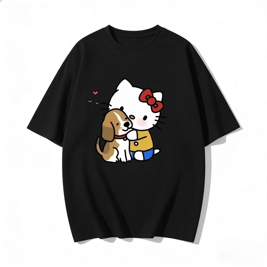 2026 новый летний милый графический топ HelloKitty повседневный хлопковый топ с коротким рукавом для женщин и девочек Каваи мультяшный принт Streetwear