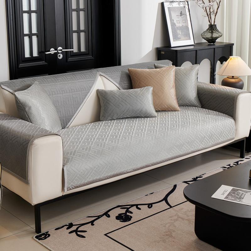Light Luxury Sofa Cushion Summer Ice Silk Sofa Cover Geometric Breathability Couch Cover Non-slip Solid Color Cool Sofa Cushion