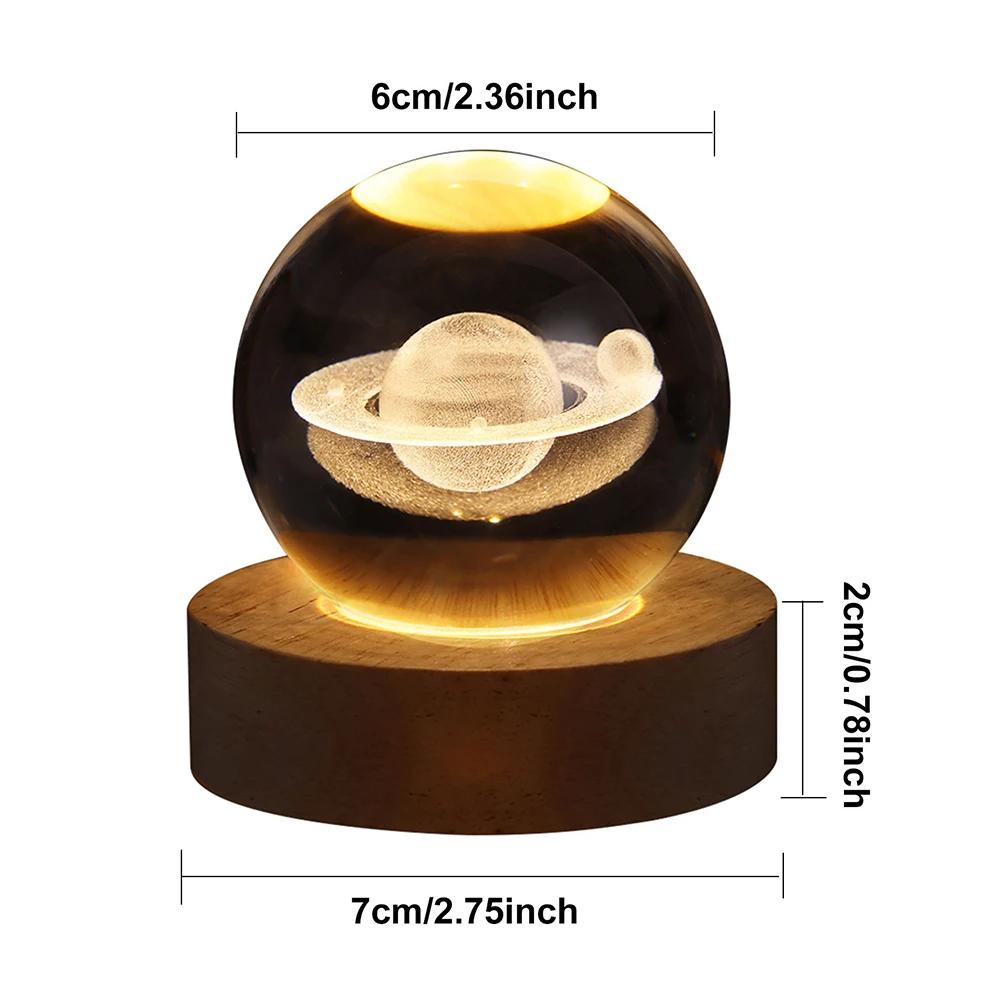 Crystal Ball Night Light Crystal Ball Lamp 3D Engraved Milky Way System Crystal Ball with Wooden Base USB Charging Gift for Kids