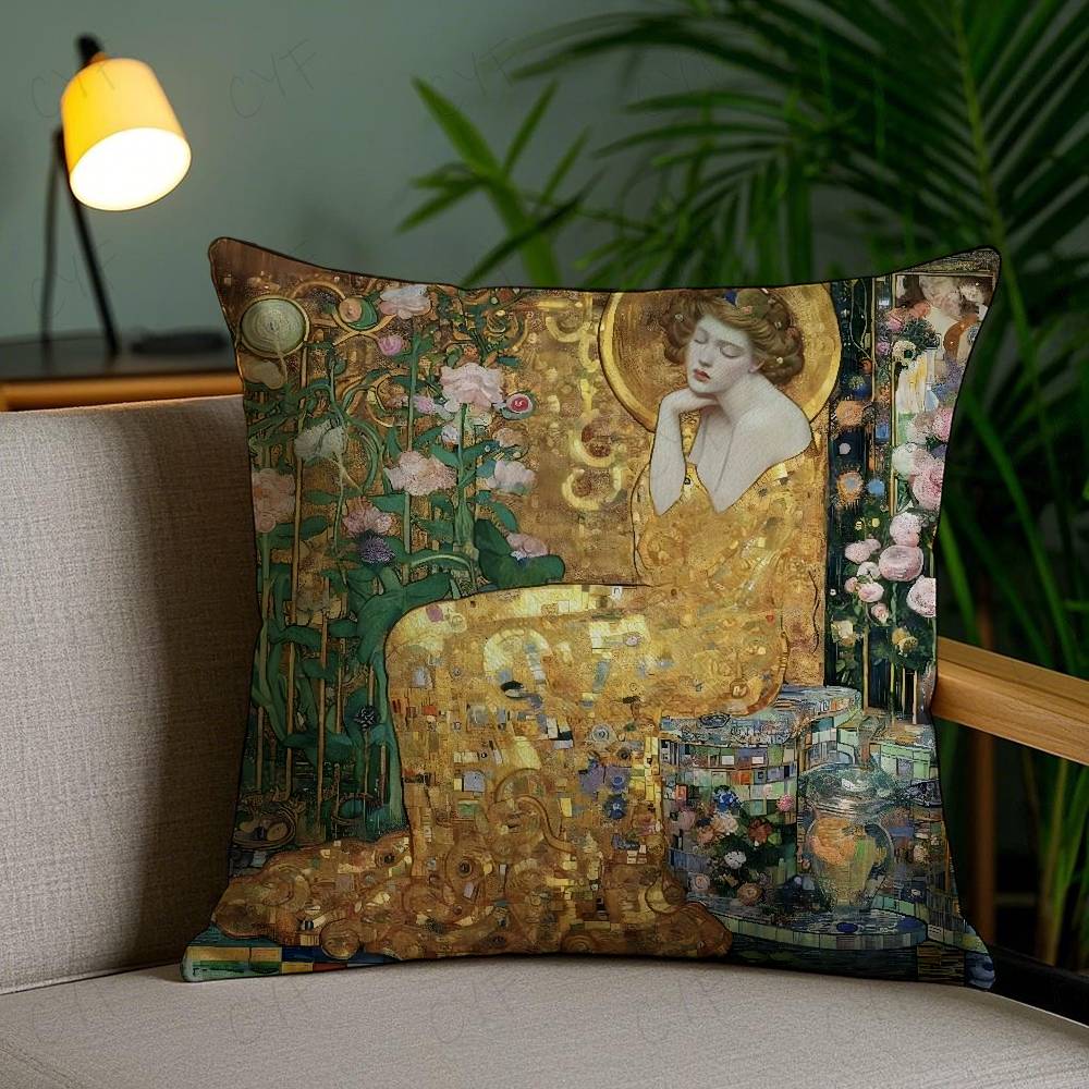 Gustav Klimt Oil Painting Pillow Case Safe Custom Photo Pillow, Anti-fade Brushed Fleece Cushion, Maternal & Infant Safe.