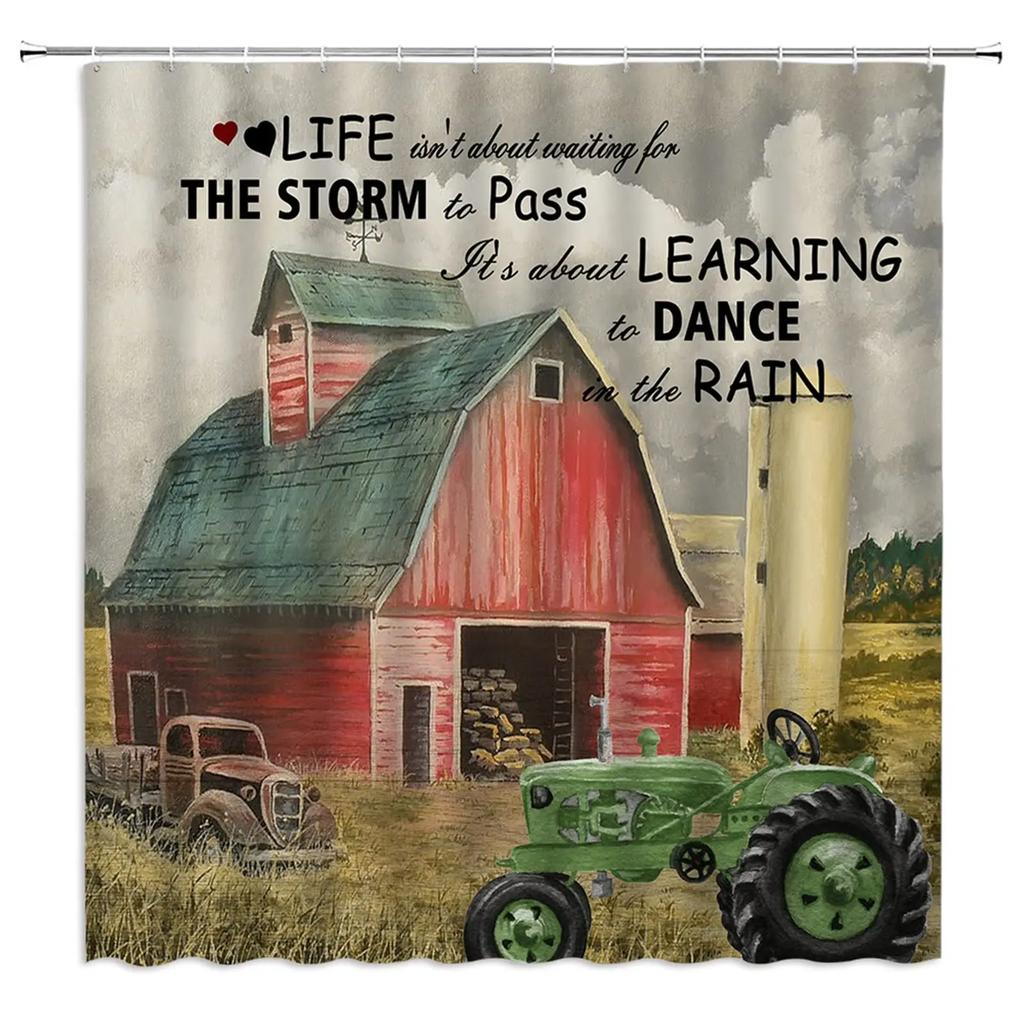 Rustic Shower Curtain Old Wooden Barn with Rusted Tractor Hillside Wooden Fence and Trees Cloth Fabric Bathroom Decor with Hooks