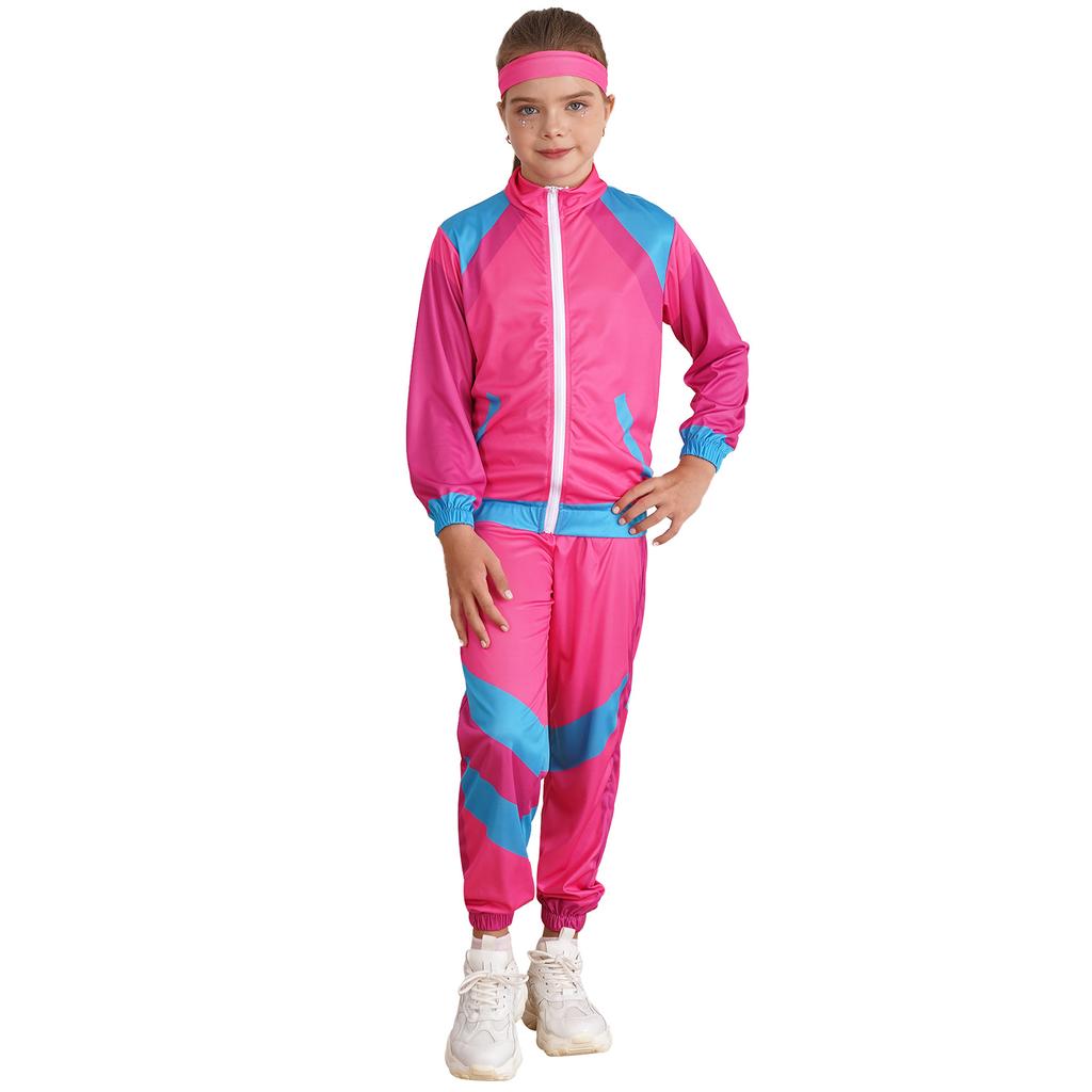 Kids 80s Retro Disco Costume Colorblock Top Pants Headband Set Hip Hop Dance