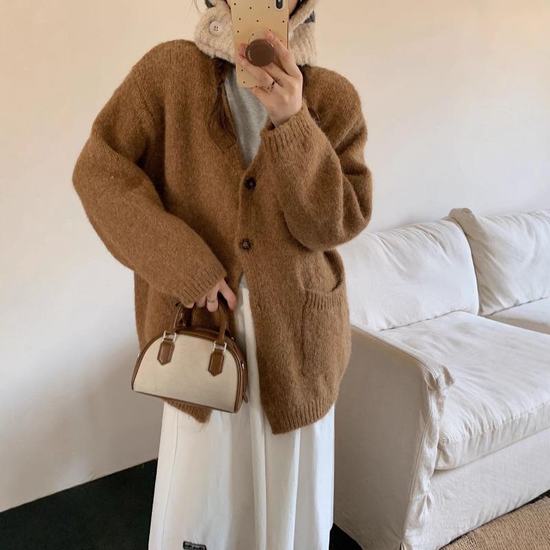 Новый свободный ленивый стиль большой размер повседневный вязаный кардиган универсальный базовый вязаный топ куртка женский