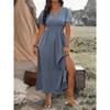 Women's Elegant Dresses Summer Solid Color V-neck Flared Sleeve Elastic Waist Slit Long Dress