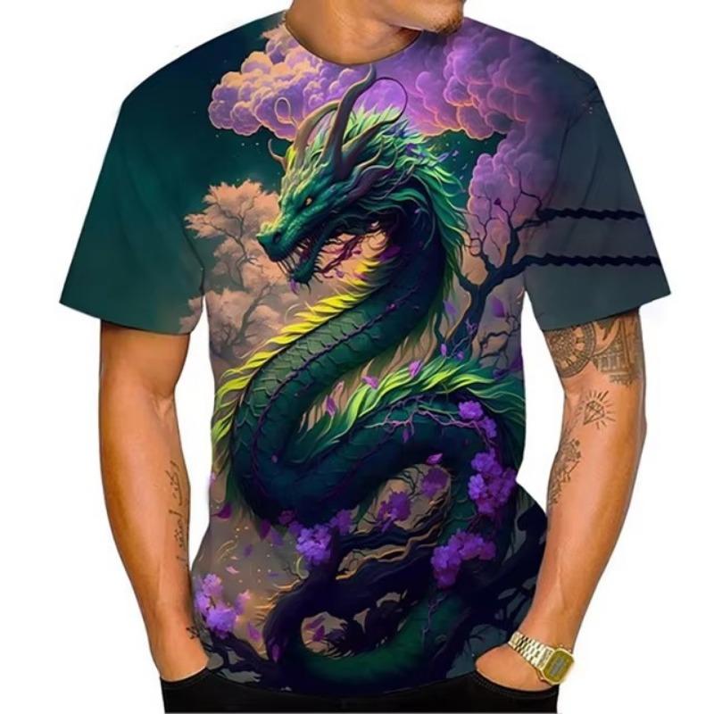 Dragon Floral 3D Print T-Shirts Men Fashion O-Neck Short Sleeve T Shirt Oversized Harajuku Y2k Tops Tees Men Clothing