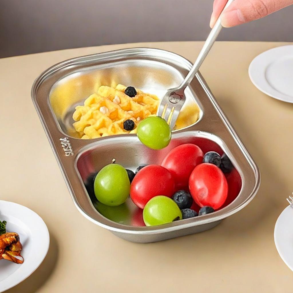 Snack Dessert Plate 304 Stainless Steel Dinner Plate Kid Divided Dinnerware 2 Compartment Sauce Plate Kitchen Tableware