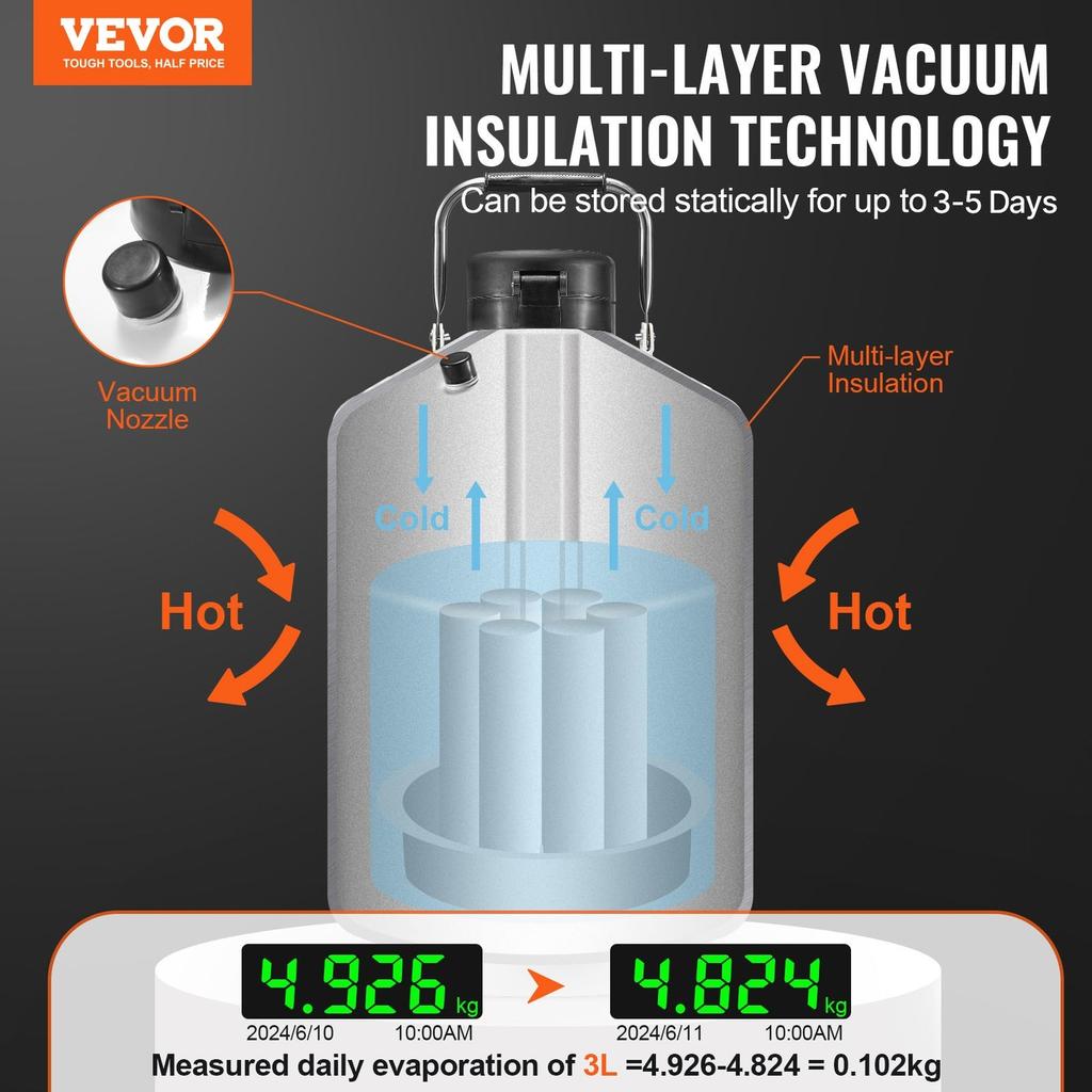 Liquid Nitrogen Tank 3 L Aluminum Alloy LN2 Container Dewar 6 Canisters