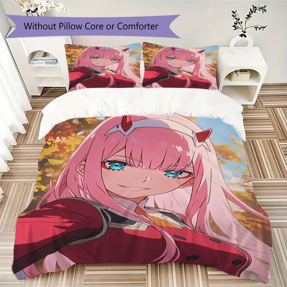 Darling In The Franxx Pattern Bedding uilt Set uilt Cover Pillowcase Home Decoration Birthday Gift (1 * duvet cover + 2 * pillowcase without core)