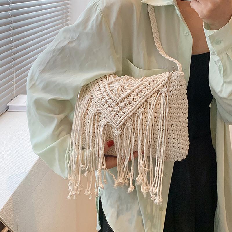 Fashion Casual Cotton Bag Hollow Tassel Beach Bag Flap Hand Woven Bag Cotton Rope Shoulder Crossbody Bag For Women