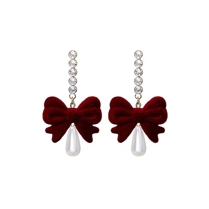 Fashion Velvet Wine Red Bowknot Earrings For Women Long Zircon Pearl Earring Wedding Party Jewelry Gift Aesthetic