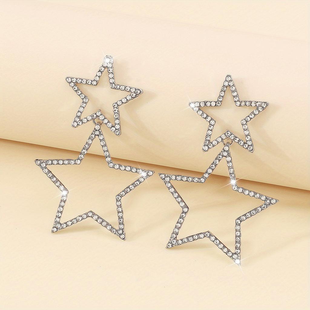 Блестящие серьги-подвески в форме двух полых звезд разного размера, инкрустированные стразами, модные украшения для ушей, идеальный аксессуар для женщин, повседневный гламур