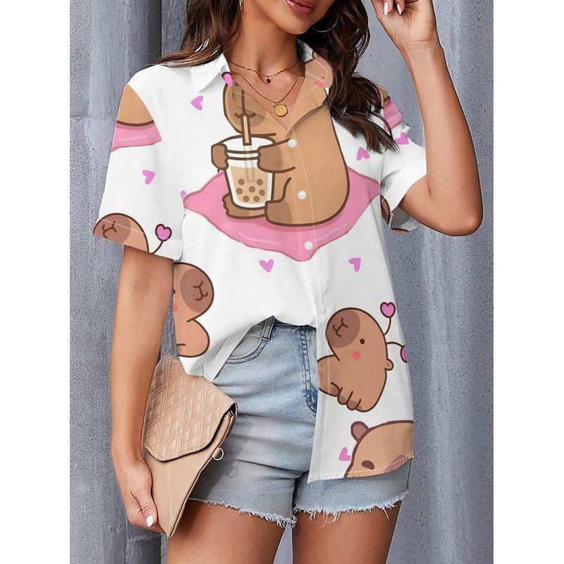 Women's Capybara Milk Tea Print Short-Sleeve Shirt Full-Body Collar Button-Down Tunic Top Daily Commuting Casual Office Wear Spr