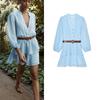 Spring and Summer Women's Clothing Color Contrast Patchwork Decorated Row Button Long Sleeves with Belt Laminated Decoration V-neck Dress 3897083