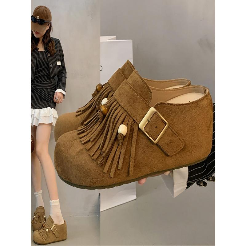 7СМ Женские Мюли Туфли Балетки Замшевые Женские Сандалии Бахрома Летние Шлепанцы Для Ходьбы Платье Уютные