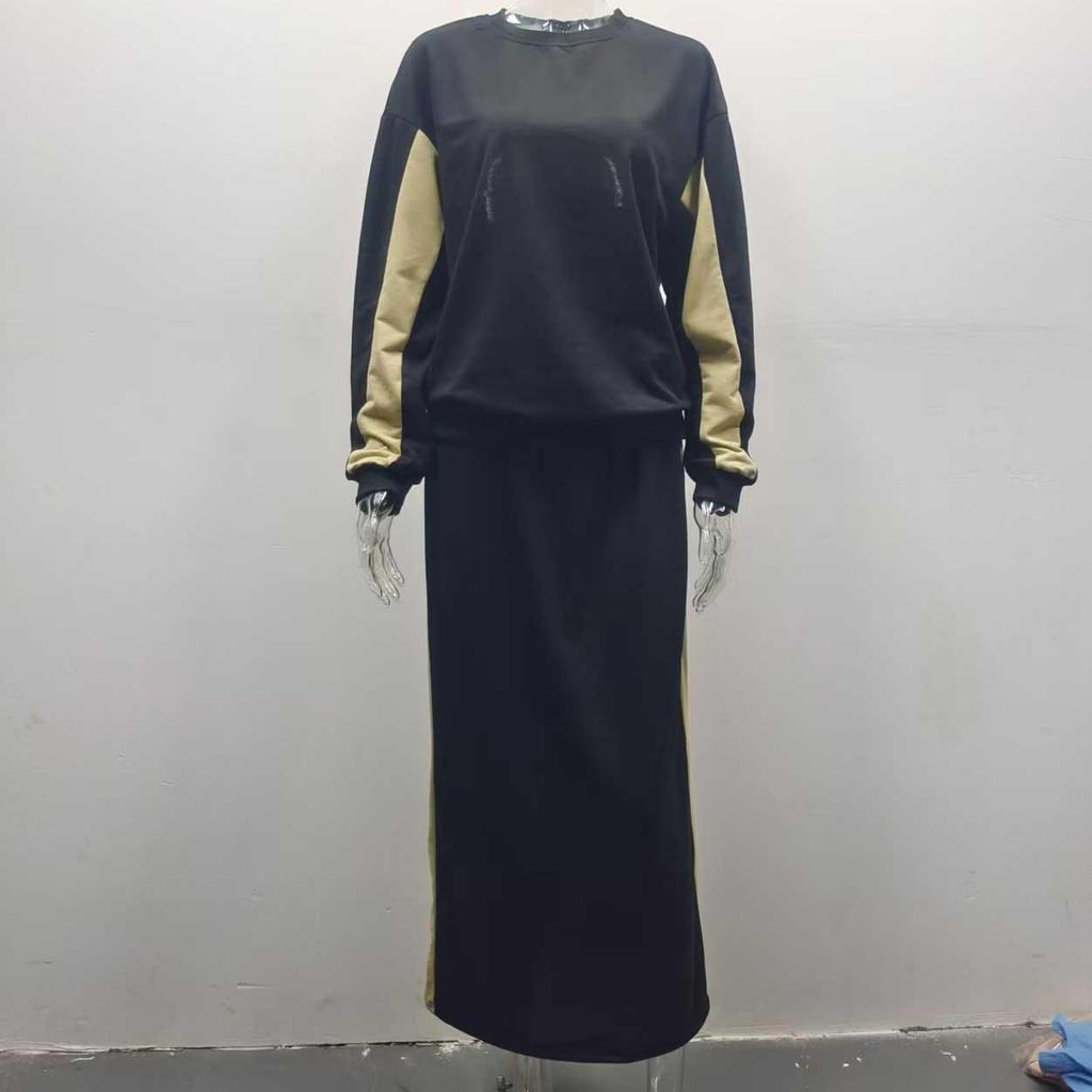 Women's Color Block Hoodie and Skirt Set - Casual Loose Fit, Mid-Length, 2025 Spring/Autumn Collection