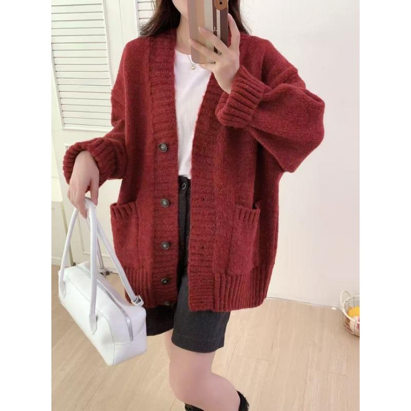 Ленивый ветер вязаный кардиган женская одежда осень и зима новый свободный повседневный утолщенный свитер на пуговицах с V-образным вырезом женский