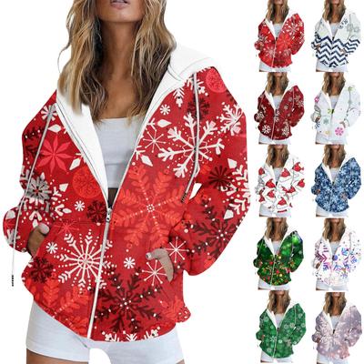 Женская мода повседневная рождественская печатная толстовка осень и зима длинный рукав с карманом кардиган куртка куртка с капюшоном пальто