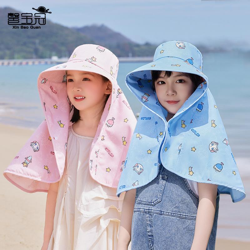 Children's hats summer boys and girls sunscreen cap extended shawl neck protection sunshade bucket hat outdoor big eaves sun hat