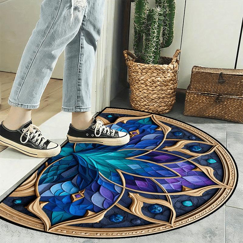 Роскошный полукруглый ковер с мозаичным узором, бирюзово-синий, золотой, нескользящий, декоративный коврик, ковер с 2D-печатью для декора входной двери, крыльца
