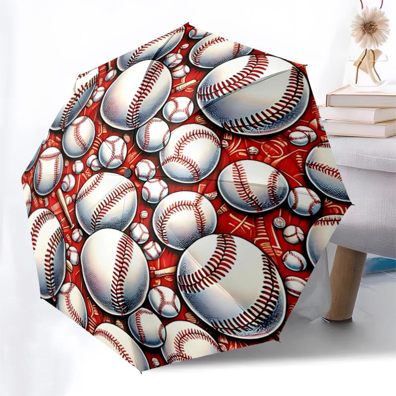 Baseball Patterned Automatic Opening/Closing Umbrella with Portable Tri-Fold Design, 8-Bone Iron Frame Outdoor Umbrella, Ideal Gift for Fans