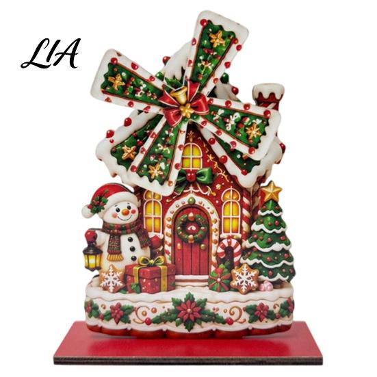 Christmas Snowman Home Accents Windmill Wooden Ornament, Decorative Craft with Rotating Theme Desktop Ornament Blades, Handmade Figurine for