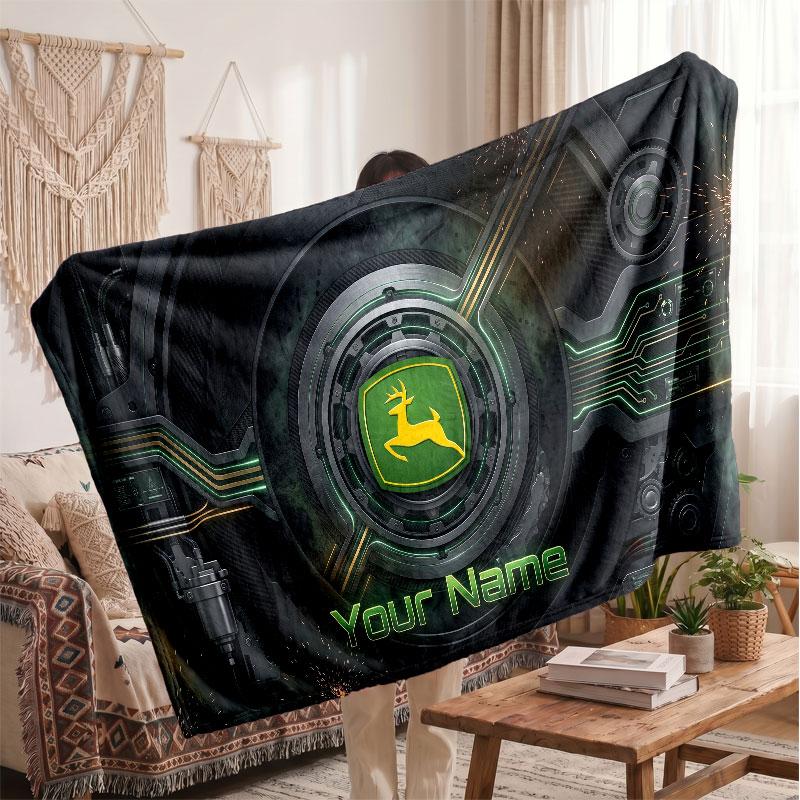 John Deere Flannel Blanket, Custom Name Text Personalized Soft Throw Blanket Home Decor Gift