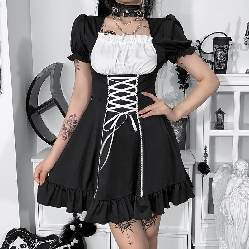 Y2k Готическое платье Лолита, женское темно-черное платье в студенческом стиле, осеннее контрастное цветное платье с пышными рукавами и завязками, женское платье