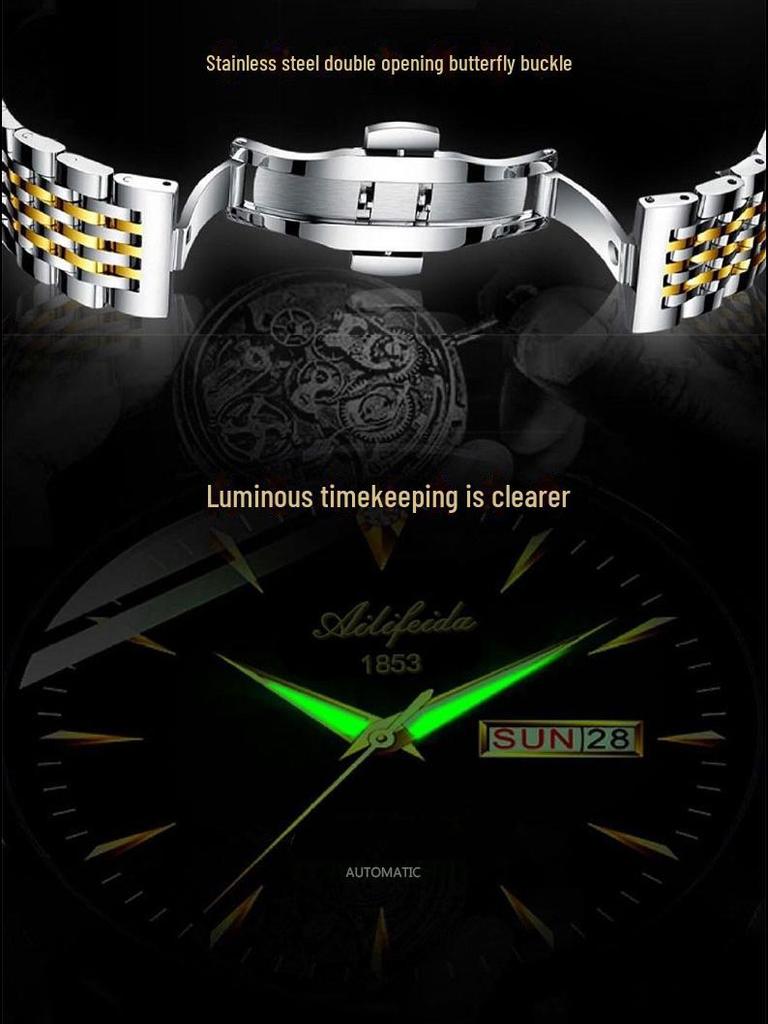 Aili Feida Men's Quartz Waterproof Watch with Hollow Back and Calendar Feature.
