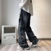 American Retro Distressed Wide-Leg Jeans with Pentagram Design and Big Pockets for Men
