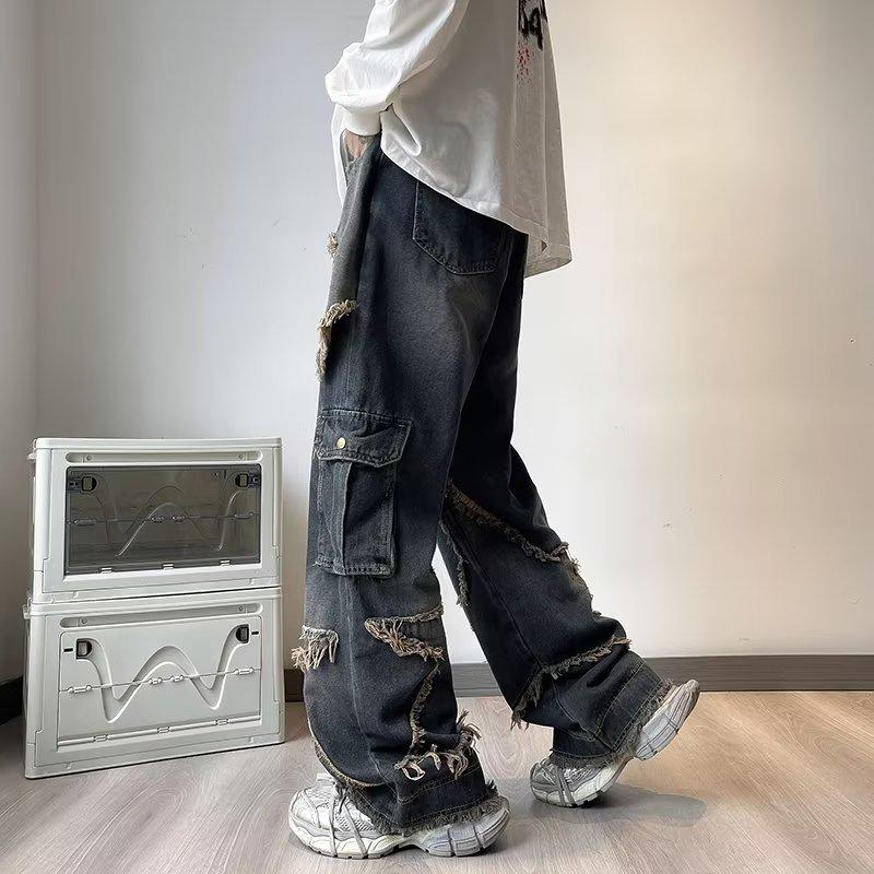 American Retro Distressed Wide-Leg Jeans with Pentagram Design and Big Pockets for Men