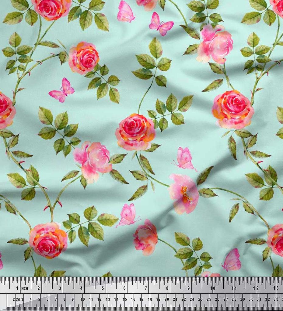 Soimoi Японская креп-сатиновая ткань с листьями, розами и пионами, ткань с цветочным принтом по метрам, 42 дюйма