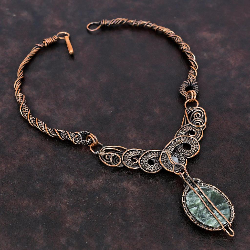 Seraphinite Necklace Copper Wire Wrapped Necklace Handmade Necklace Designer Copper Wire Jewelry Moonstone Gemstone Necklace Engagement Gift