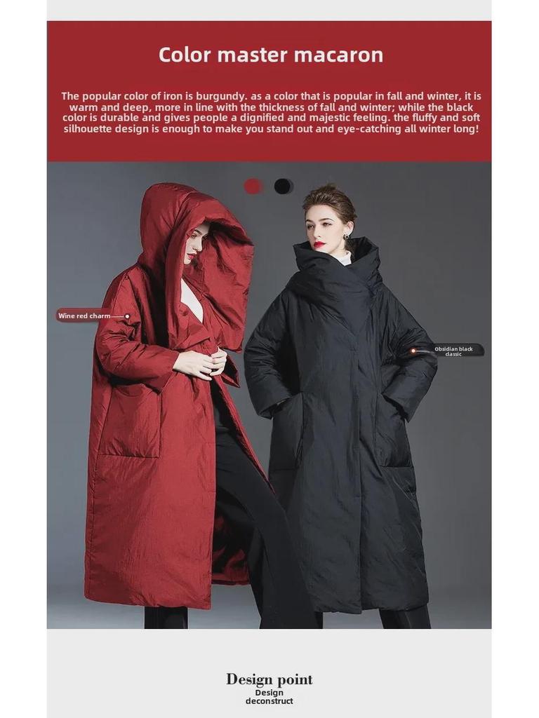 Women's 2024 Knee-Length Hooded Down Jacket - Korean Style, Thick, 90% White Duck Down