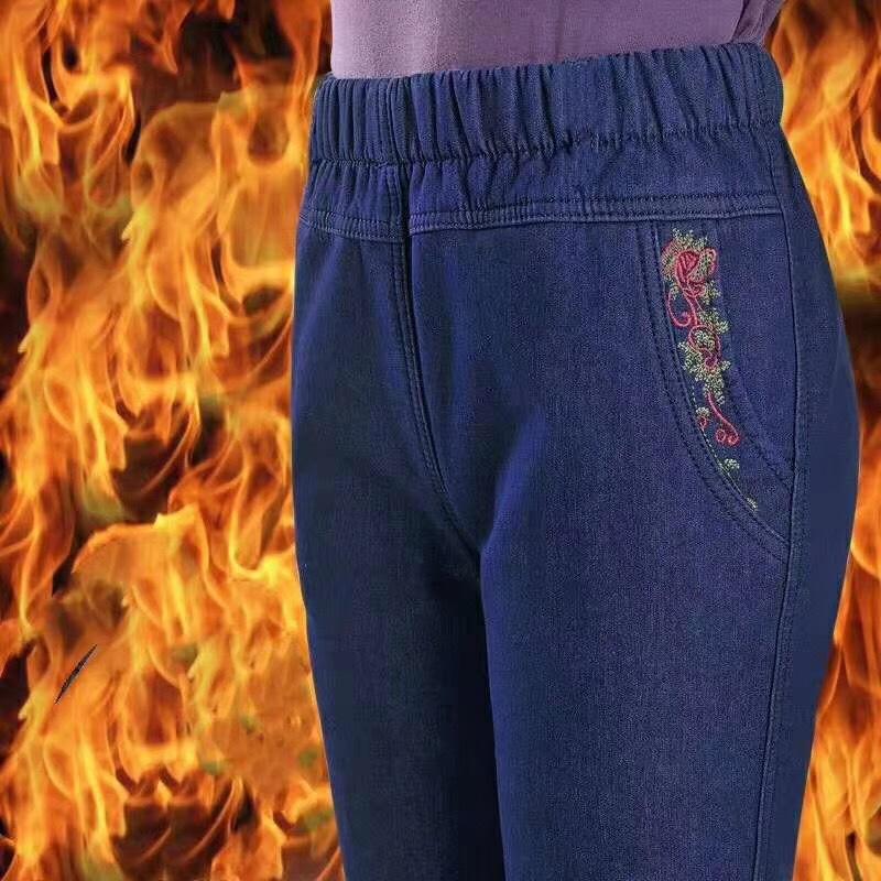 Женская зимняя и осенняя одежда среднего возраста плюс флисовые джинсы Женская свободная одежда с высокой талией для мам Бабушкиная одежда Женские брюки больших размеров