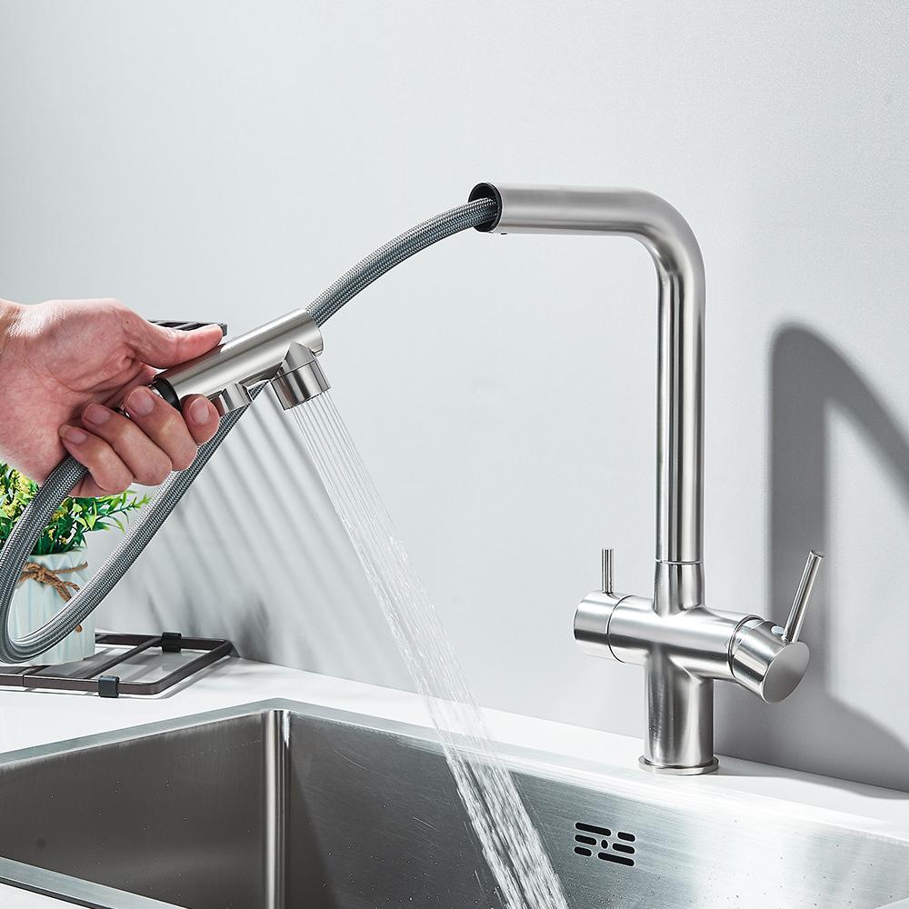 Kitchen Pull-out Filtered Faucet Black Brass Purifier Faucet 360 Rotation Dual Sprayer Drinking Water Tap Vessel Sink Mixer Tap