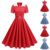 Women's Contrast Color Lapel Slim Fit Polka Dot Open Collar Lace-up Swing Mid-length Dress