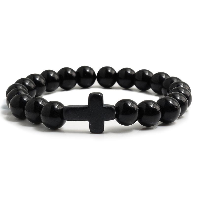 1PC Men Women Gift Cross Charm Beaded Bracelets Matte Bracelet Jewelry Handmade Natural Stone Prayer  Accessories